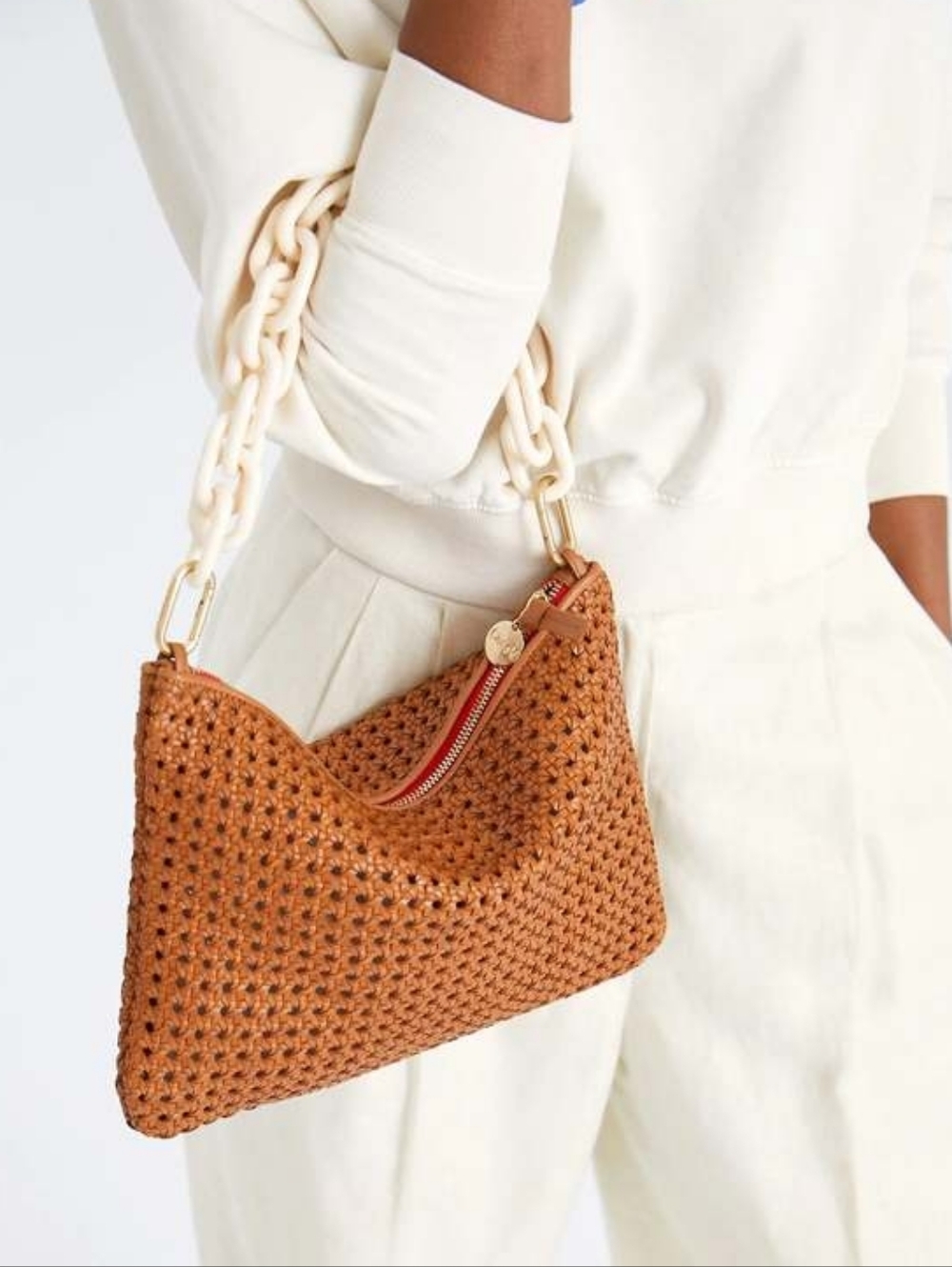CLARE V FLAT CLUTCH BAG WITH TABS - TAN RATTAN LEATHER + TORTOISE RESIN SHORTIE - Picture 11 of 11